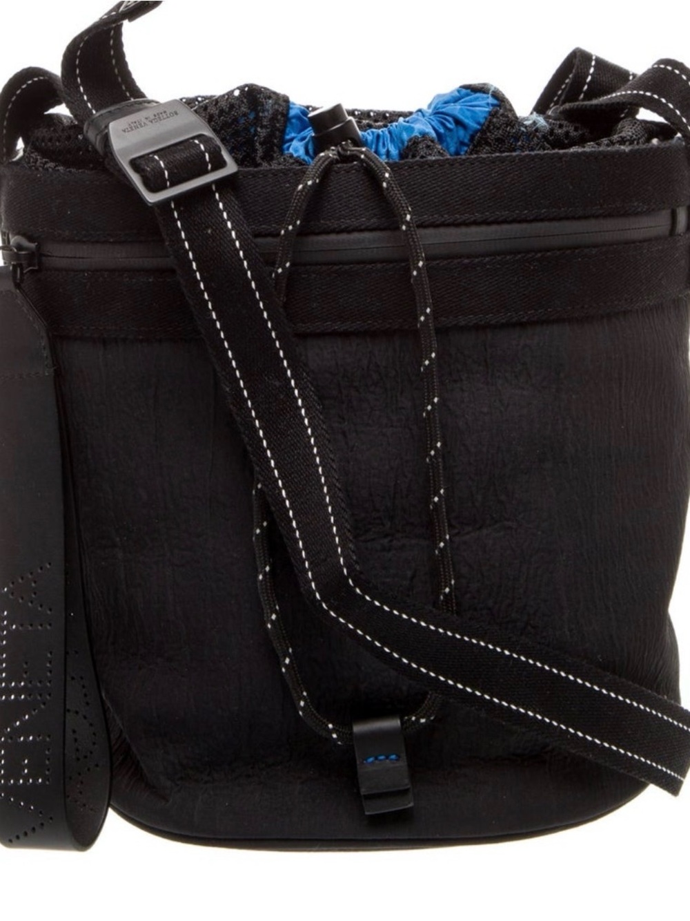 Bottega Veneta Black Leather Drawstring Messenger with Blue Liner